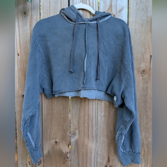 Zara Dark Grey Cropped Pullover Hoodie Sweatshirt - Picture 2 of 11